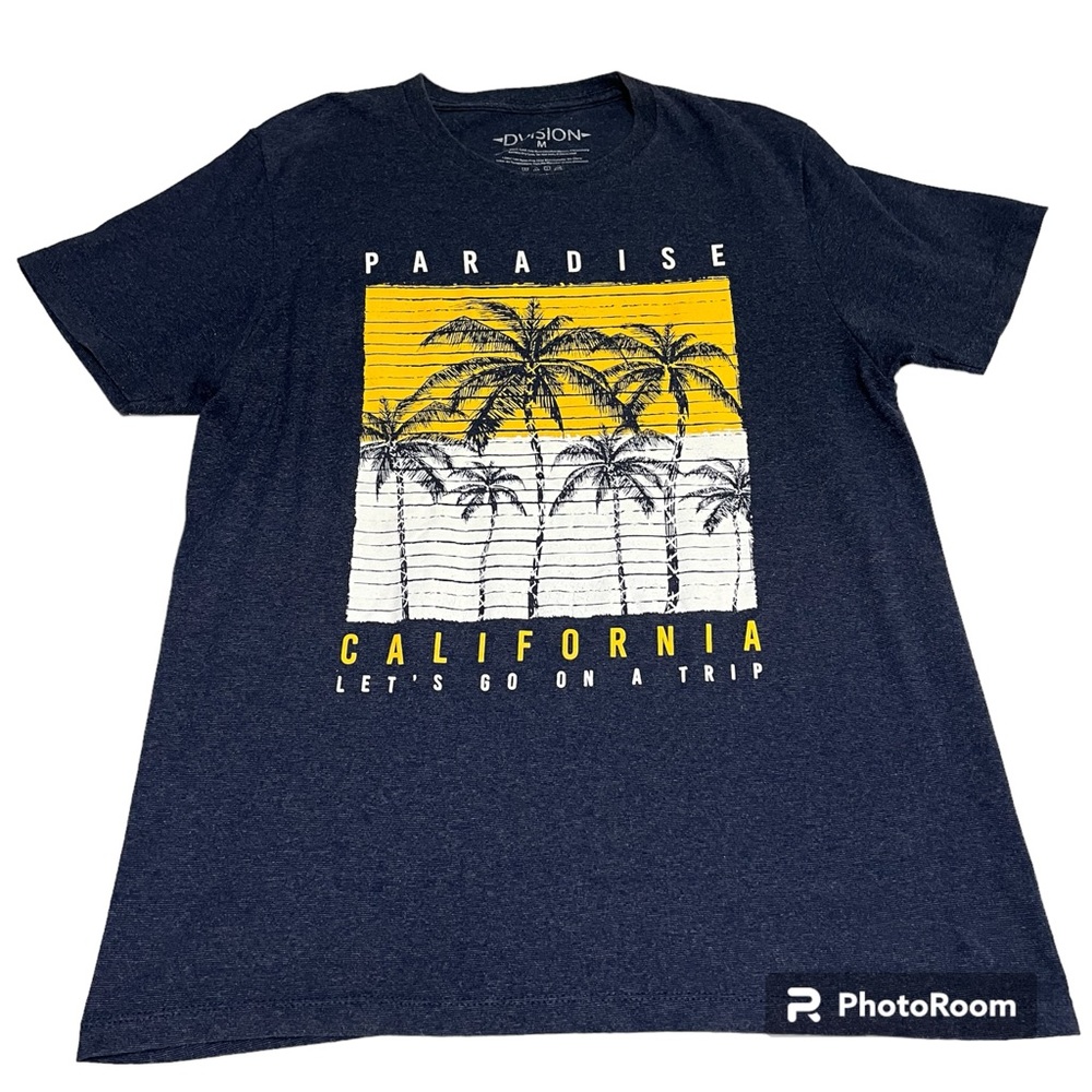 Dvision Men’s T shirt Paradise Palm Tree California Blue Yellow White Medium